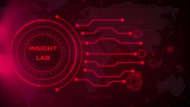 Intense digital interface with a bright red glowing globe within concentric circles and data streams, set against a dark red map background with pixelated continents and subtle digital patterns