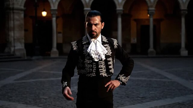 Male Flamenco Dancer in Traditional Costume Performing in a Historic Courtyard at Night.