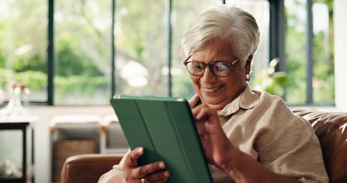 Old woman, tablet and scroll online in home with smile for communication, network and reading blog with laugh. Senior person, meme or funny chat for happiness, digital tech and internet in retirement