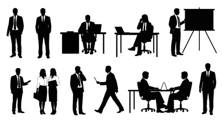 Business people silhouettes in various professional poses and activities.