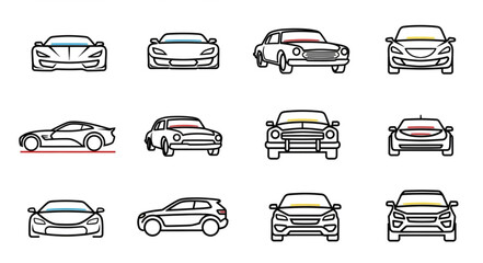 Collection of car icons in line art style.