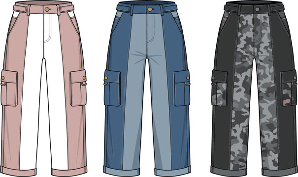 Technical vector set of two-tone paneled cargo trousers in pink denim and camo for fashion tech packs