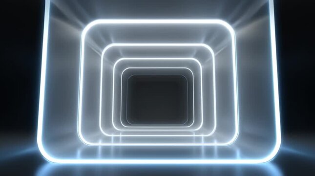 Looped abstract 3D neon tunnel animation, minimalist rotating square frames with soft white and cool blue glow, seamless infinite loop, dark charcoal background, clean geometry