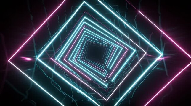 Abstract looped 3D animation background with slow rotating square frame tunnel, soft neon blue and purple glow, seamless infinite loop, dark gradient background, calm hypnotic motion