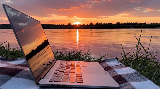 A modern laptop rests on a plaid blanket by a river at a vibrant sunset.