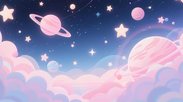 Abstract vector illustration of a pink space background featuring hearts and stars with a glowing moon and planet amidst a galaxy of dark blue clouds and light