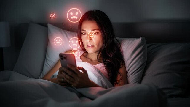 Woman feeling stressed and sad receiving negative social media messages on her mobile phone at night, with angry emojis floating over her phone - Online harassment and cyberbullying concept