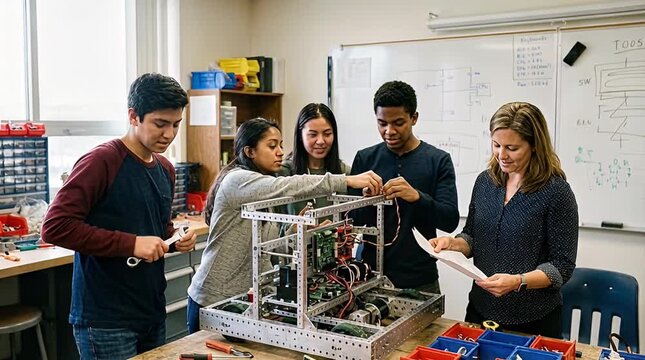 Students and instructor working on robotics project classroom setting