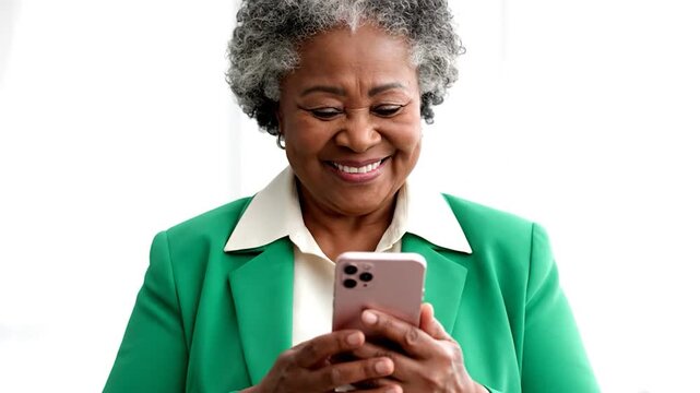 Smiling older Black woman in green blazer using a smartphone. Close-up on the face and hands