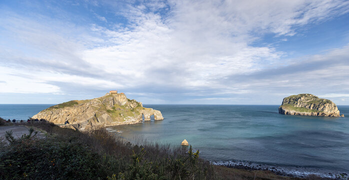 Castle rock or inaccessible castle Gaztelugatxe off the coast of the Bay of Biscay on the northern Spain Atlantic coast in Spain ESP