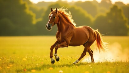 Majestic brown horse running freely in sunlit meadow