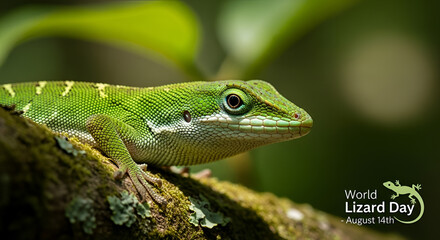 Fototapeta premium Vibrant green lizard perched on mossy branch, showcasing its scaly texture and sharp gaze in a lush natural setting.