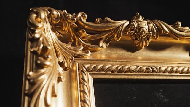Close-up of an ornate golden picture frame with intricate carvings and a dark