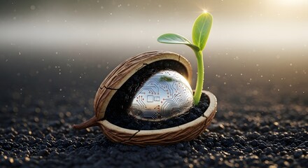 Obraz premium Sprouting innovation with technology growth in fertile soil background