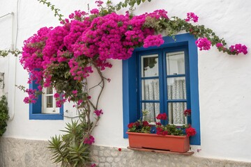 Colorful bougainvillea flowers framing a vibrant blue window on white house wall, showcasing tropical Mediterranean architecture, summer garden charm, and picturesque travel aesthetic.