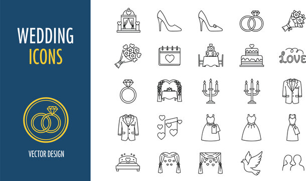 Collection of wedding and marriage line icons including rings, cake, dress, bouquet, love symbols, and ceremony elements.