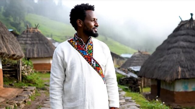 Man in Traditional Ethiopian Clothing in a Village.