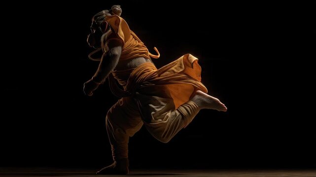 Dynamic portrayal of Hanuman in traditional attire performing a powerful leap  capturing strength  agility  and devotion in a dramatic artistic style with focused lighting and dark background