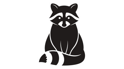 A black and white illustration of a raccoon sitting with its tail curled around its body isolated on white background, Vector © SILHUETTECHEMBER