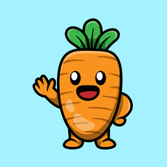 Fototapeta premium A cute cartoon carrot character with a happy face and green leaves on top, waving hello against a light blue background.