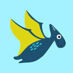 A cute cartoon blue pterodactyl with yellow wings flying against a light blue background, featuring a friendly smile and simple design. © Rara