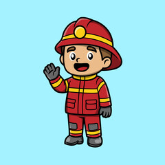 Fototapeta premium Cute cartoon firefighter character wearing a red uniform and helmet, smiling and waving, on a light blue background.