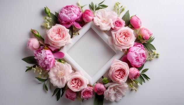 Floral Wreath With Pink Roses And Peonies Surrounding A White Diamond Shape