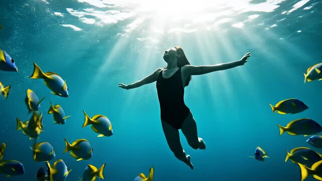 Underwater swimmer with school of fish
