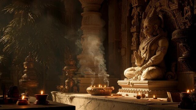 Sacred Hanuman Statue in a Traditional Hindu Temple with Ritual Offerings and Ambient Lighting for Religious Worship and Cultural Celebrations