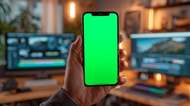 Hyper realistic close up of hand holding smartphone with bright green chroma key screen, focused foreground device, modern video editing office background with dual monitors, shallow depth, commercial