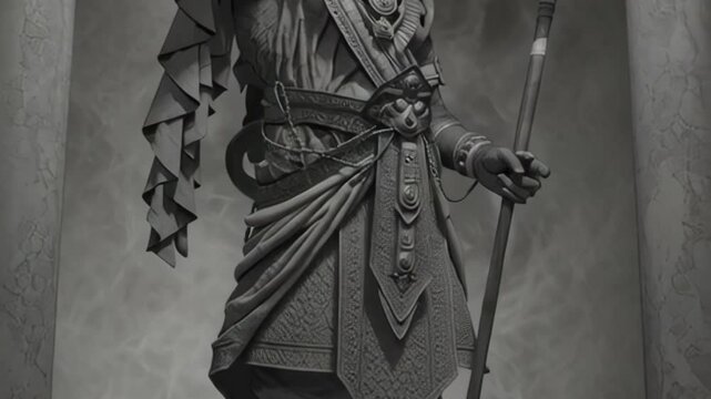 Statue of Hanuman in traditional attire holding a staff  detailed carvings and ornamentation  symbolizing strength and devotion in Indian culture