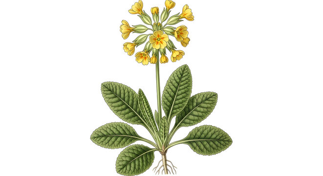 A clean botanical study of the cowslip plant showing its characteristic nodding yellow flower clusters and textured foliage