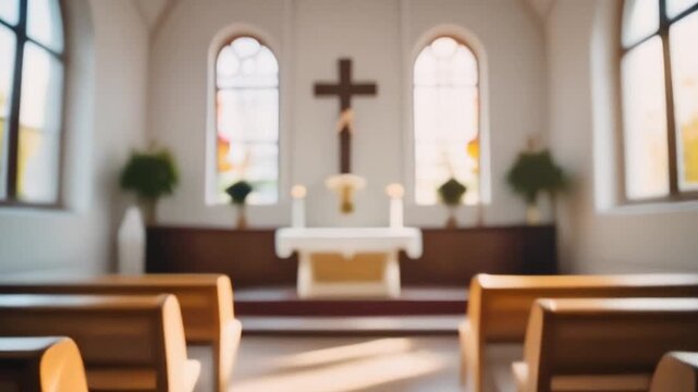 A softly blurred modern church with large windows and a crucifix on a white wall.