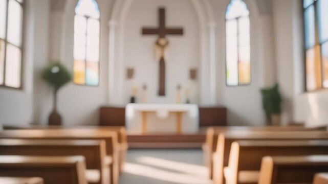 A softly blurred modern church with large windows and a crucifix on a white wall.