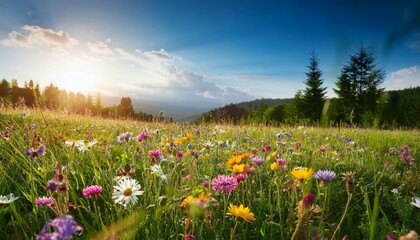 Fototapeta premium A Vibrant Meadow Filled With Colorful Wildflowers And Lush Green Grass Perfect For Nature Lovers And Landscape Enthusiasts