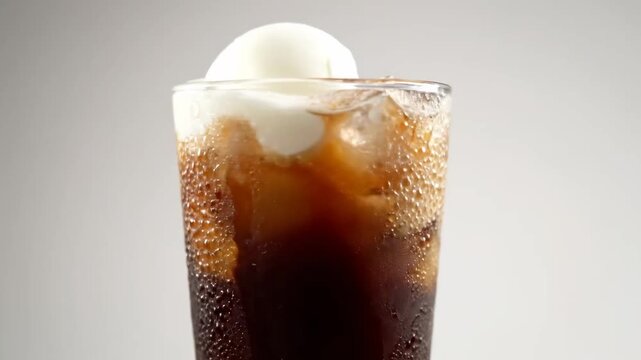 Refreshing Ice Cream Float with Vanilla Scoop Melting in Cold Fizzy Cola Soda Against a White Studio Background.