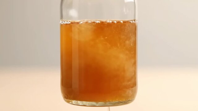 Macro close-up of homemade fermented kombucha tea in a glass bottle, showing the active SCOBY culture, natural sediment, and effervescence for gut health and wellness concepts.