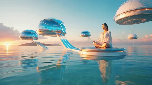 A woman meditates on a platform surrounded by futuristic structures over water at sunset