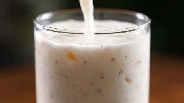 Close up of creamy smoothie or milkshake being finished as fresh liquid is poured into the glass, creating foam and bubbles.