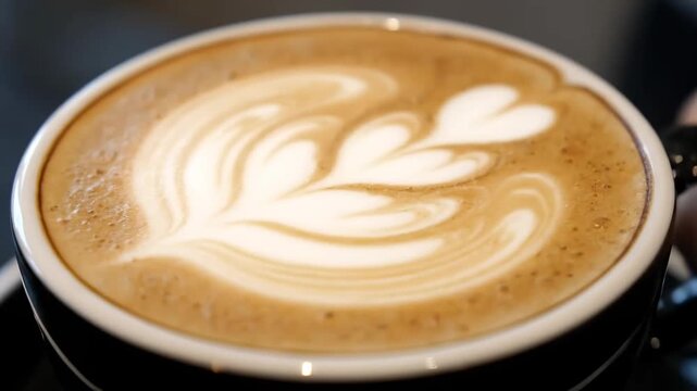 Close-up of hot latte coffee with beautiful, creamy milk foam and professional rosetta latte art design in a ceramic mug, highlighting artisan craftsmanship and morning beverage ritual.