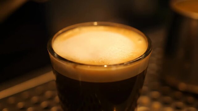 Close up of a fresh shot of espresso with a thick, rich golden brown crema in a small clear glass, resting on the metallic drip tray of a professional coffee machine in a moody, dark setting.