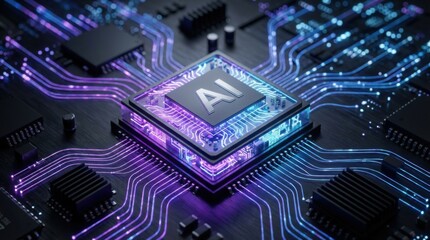 Futuristic AI Microchip Processor on Circuit Board with Purple and Blue Glowing Light Trails for High Tech Computing