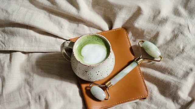 A mug of matcha latte and facial roller on a leather pad, atop a linen-textured surface