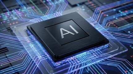 Futuristic AI Microchip Processor on Circuit Board with Purple and Blue Glowing Light Trails for High Tech Computing