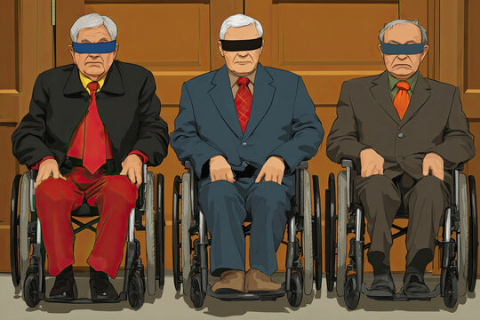 Three elderly men in wheelchairs, dressed formally, are blindfolded and sitting side by side against a wooden door backdrop. Blind test
