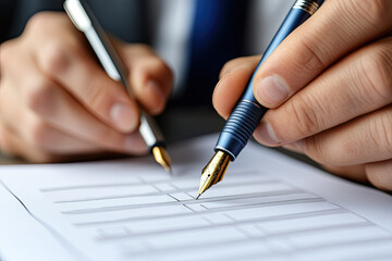 Two people holding fountain pens and writing on a document with a blurred background. Businessman signing contract for business deal.