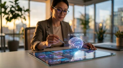 AI integration concept. Asian Businesswoman Working on AI Integration Using Digital Tablet with Holographic Brain Interface in Modern Night Office