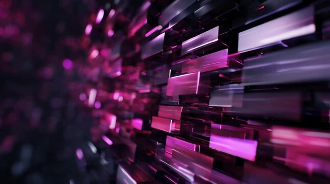 Abstract futuristic 3D rectangles wave motion animation with pink and purple neon lights, dark corporate background, seamless loop, high-tech depth perspective, modern motion