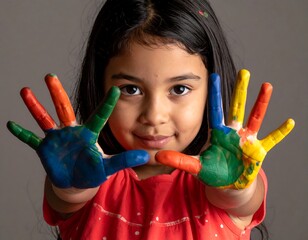 A young girl, smiling, shows her hands painted in vibrant colors against a gray backdrop. She is looking directly