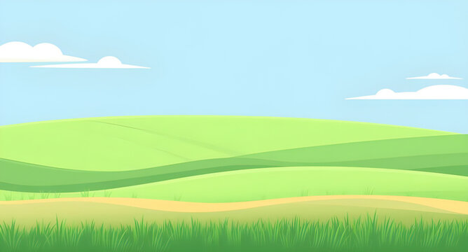 cartoon, nature, landscape, grassland, greenfield, meadow, field, pasture, lawn, countryside, rural, outdoor, scenery, horizon, plains, farmland, sky, bluesky, clouds, cloudscape, sunlight, sunny, bri